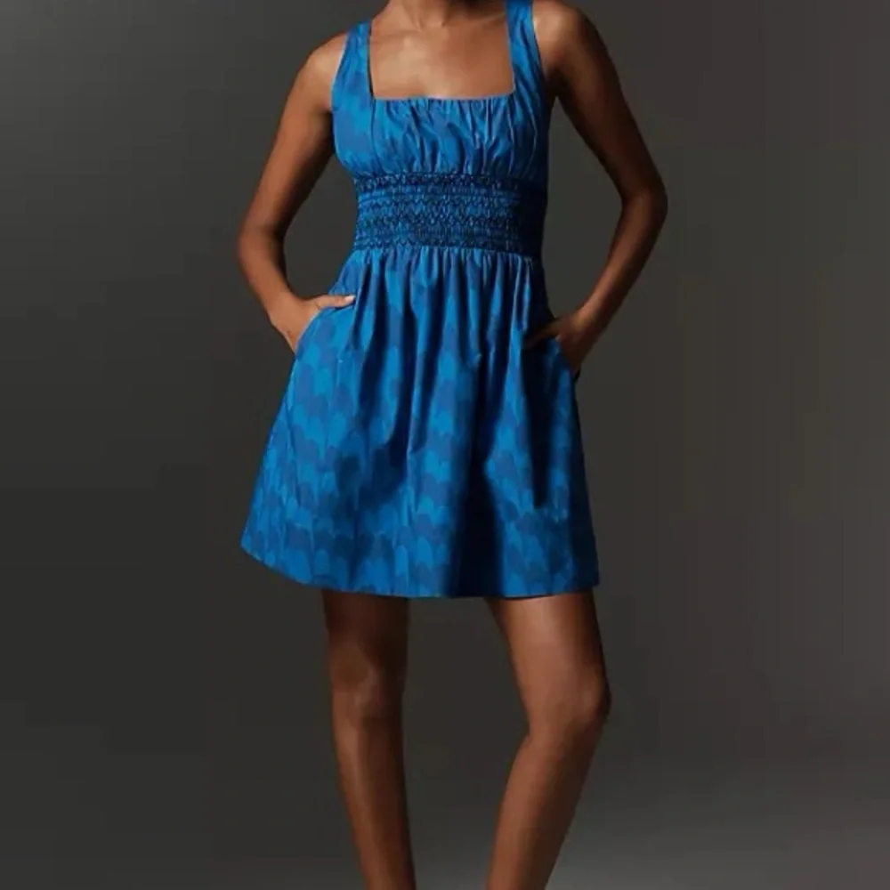 NWT Anthropologie Blue Sleeveless Smocked Square Neck Mini Dress – Size L - Picture 2 of 10